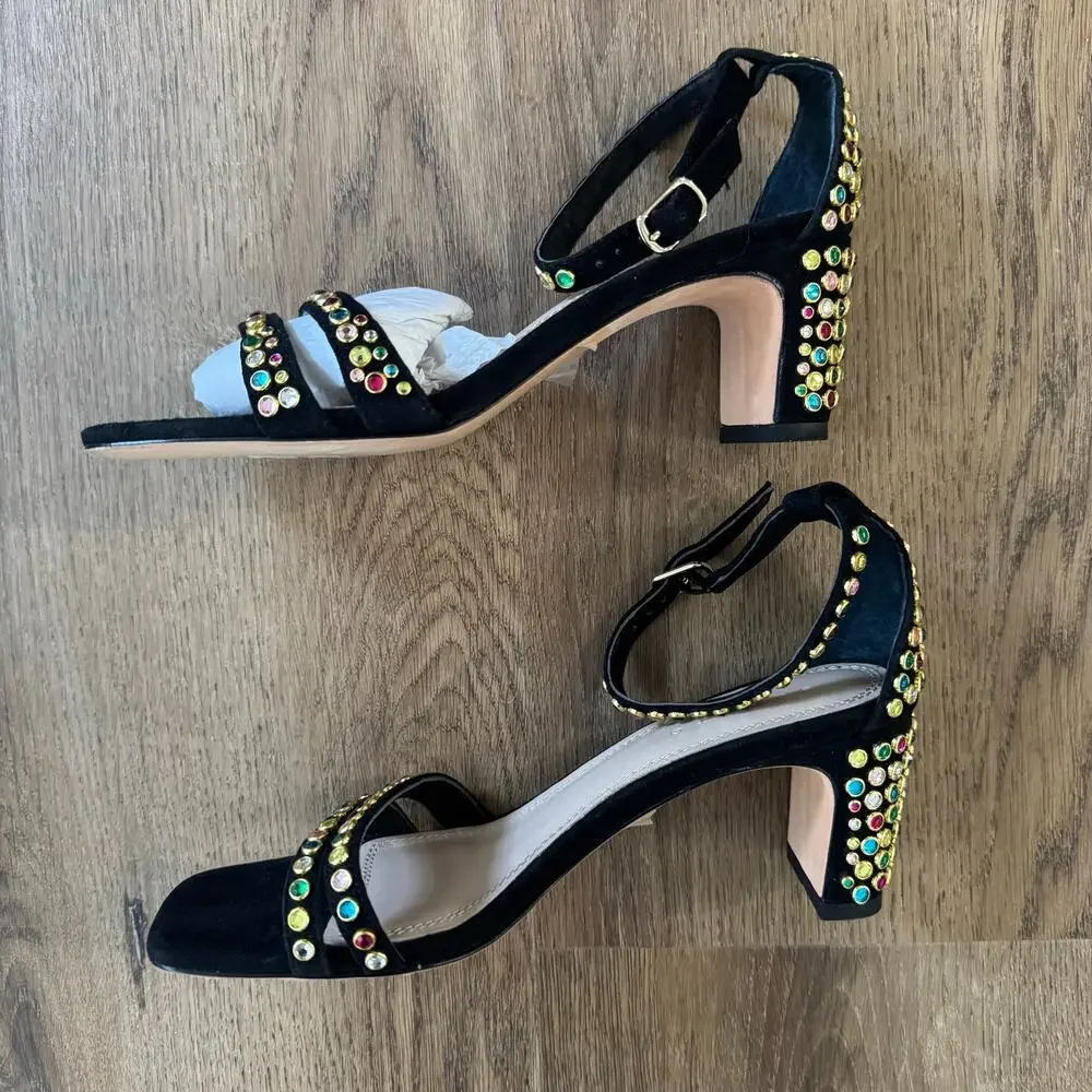 Sandro Jaden Crystal-Embellished Suede Heeled Sandals in Black - Picture 6 of 9